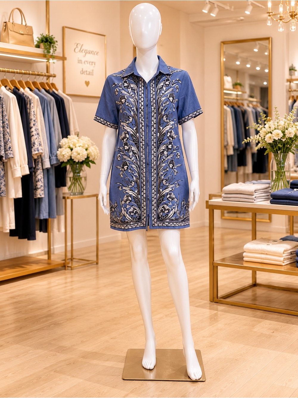 Max Studio Blue Floral Front Button Short Shirt Dress